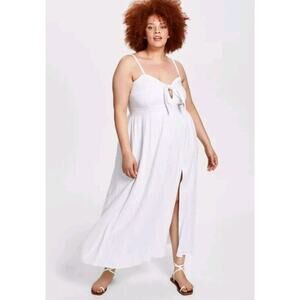 New Bar 3‎ III Women Plus Size 1X White Maxi Dress Long Front Slit Smocking Bow